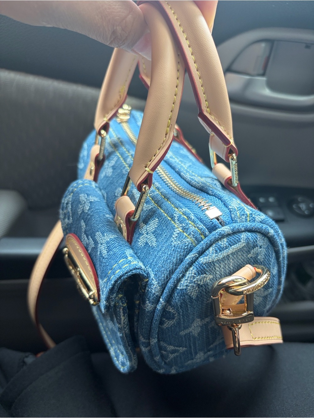Blue Denim Top-Handle Women’s Bag with Tan Handles